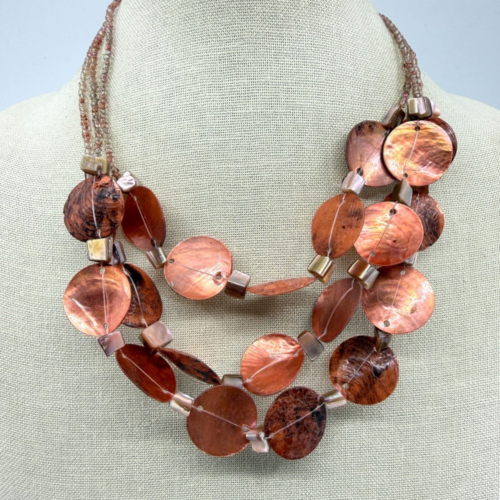 Multi Strand Copper Tone Shell Statement Necklace Layered Boho Tropical Beach